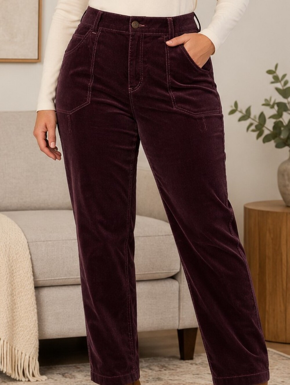 Democracy AbSolution Burgundy Wine Velvet Corduroy Pants 10 Relaxed Fit Stretch